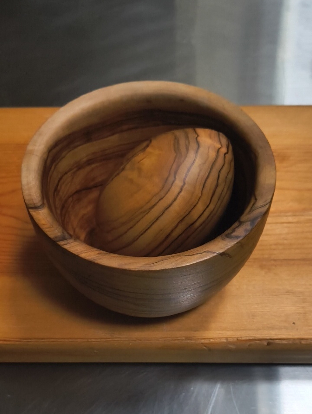 Italian Olive Wood Mortor And Pedstal